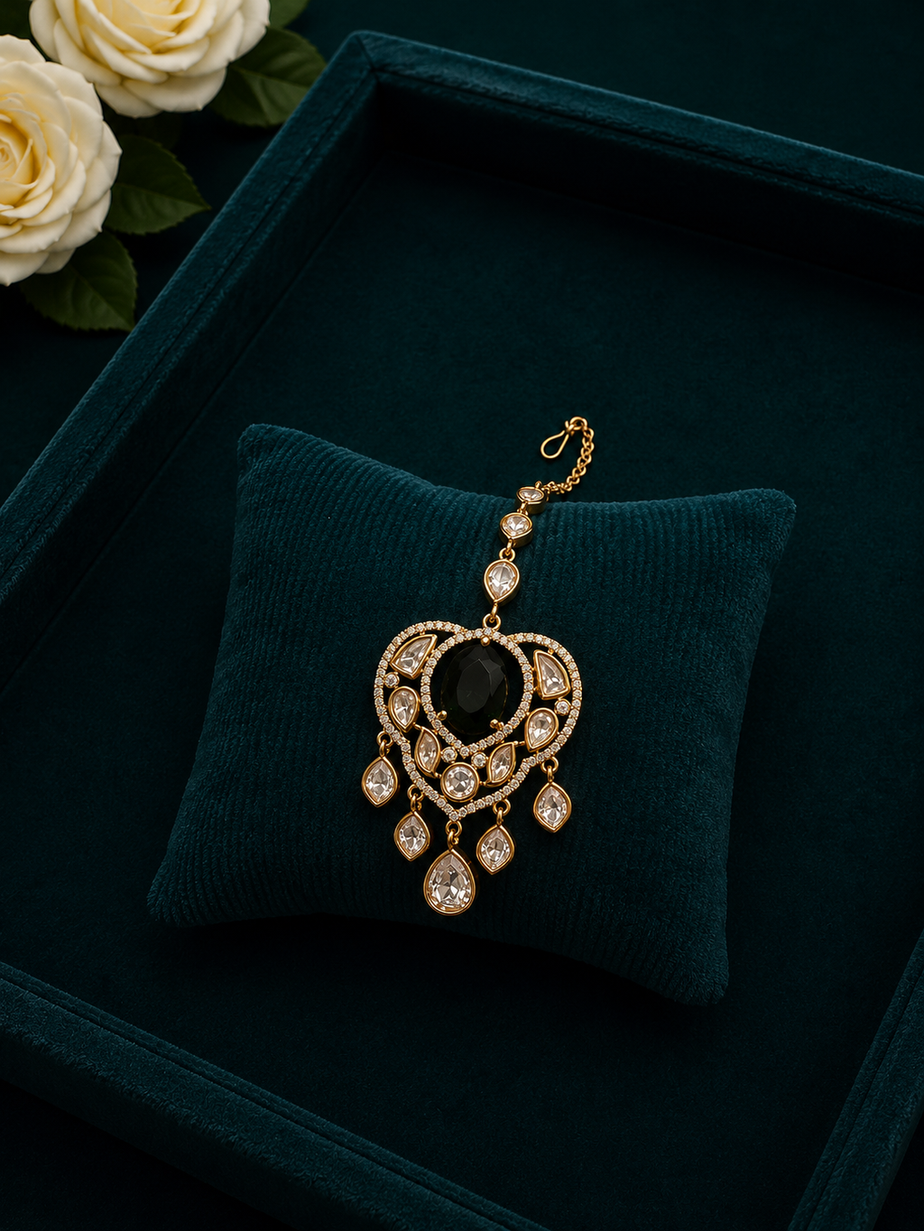 Black Stone Kundan Maang Tikka with Teardrop Detailing