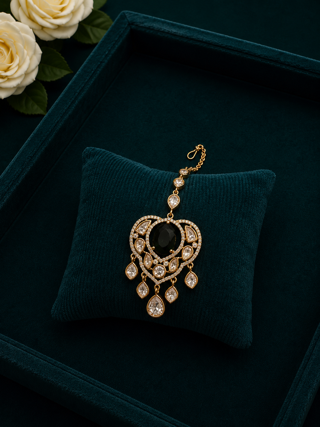 Black Stone Kundan Maang Tikka with Teardrop Detailing