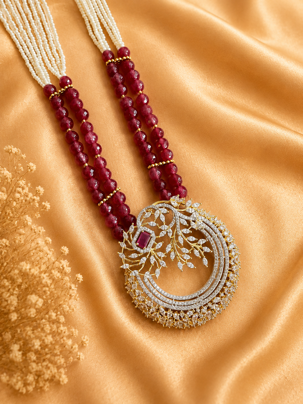 Ruby Red Beaded American Diamond Pendant Necklace Set with Matching Earrings | Designer Statement Jewellery