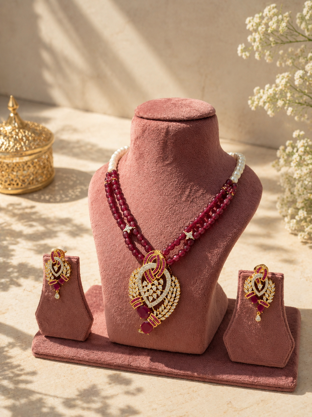 Ruby Beaded Diamond Pendant Necklace Set | Pearl & Ruby Premium Anti Tarnish Jewellery