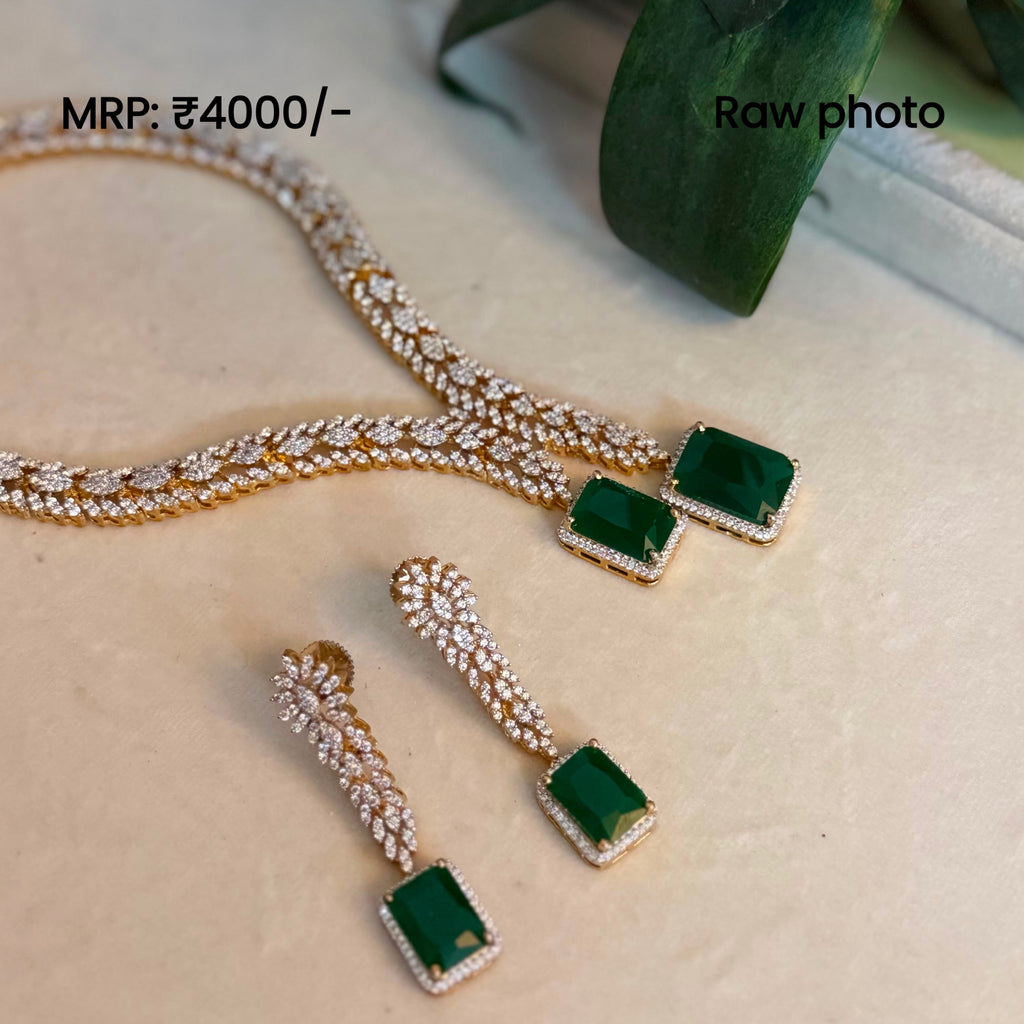 Emerald Green American Diamond Y Necklace Set with Earrings | Luxury Party Wear Jewellery