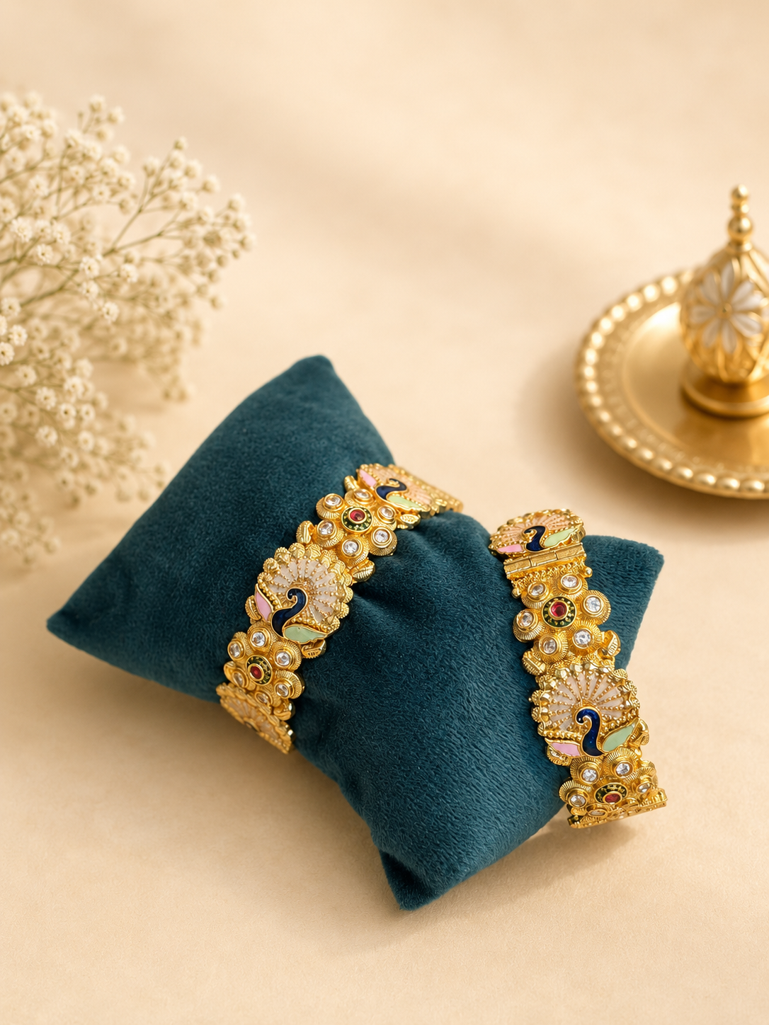 Peacock Kundan Kada Bracelet Set | Traditional Gold Finish Ethnic Bangles for Women