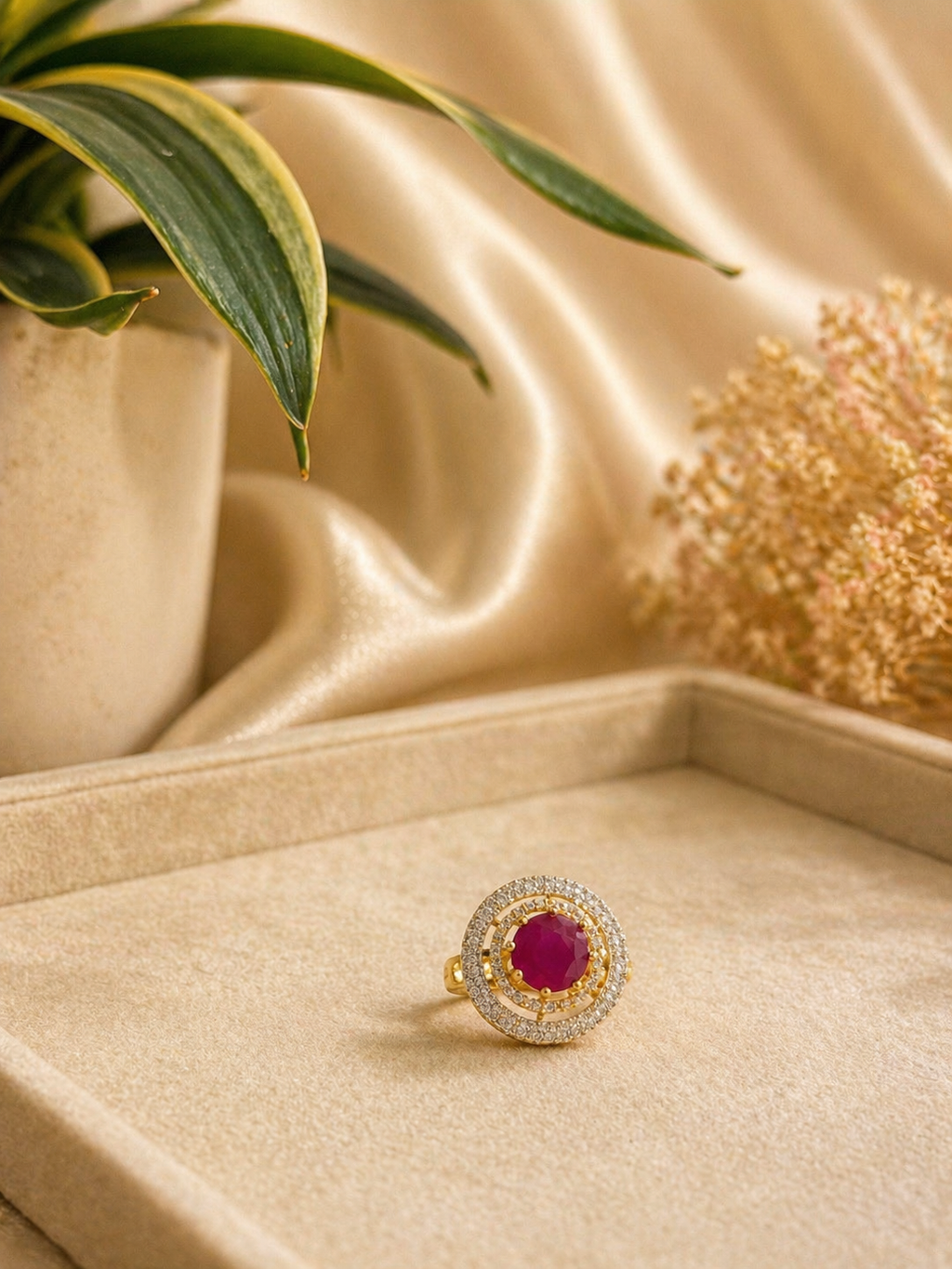 Ruby Stone Halo Statement Ring with Zircon Detailing (Adjustable)