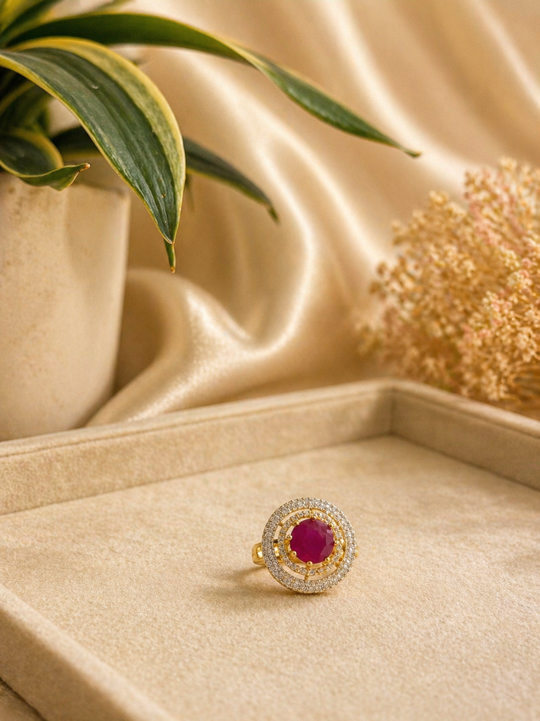 Ruby Stone Halo Statement Ring with Zircon Detailing (Adjustable)