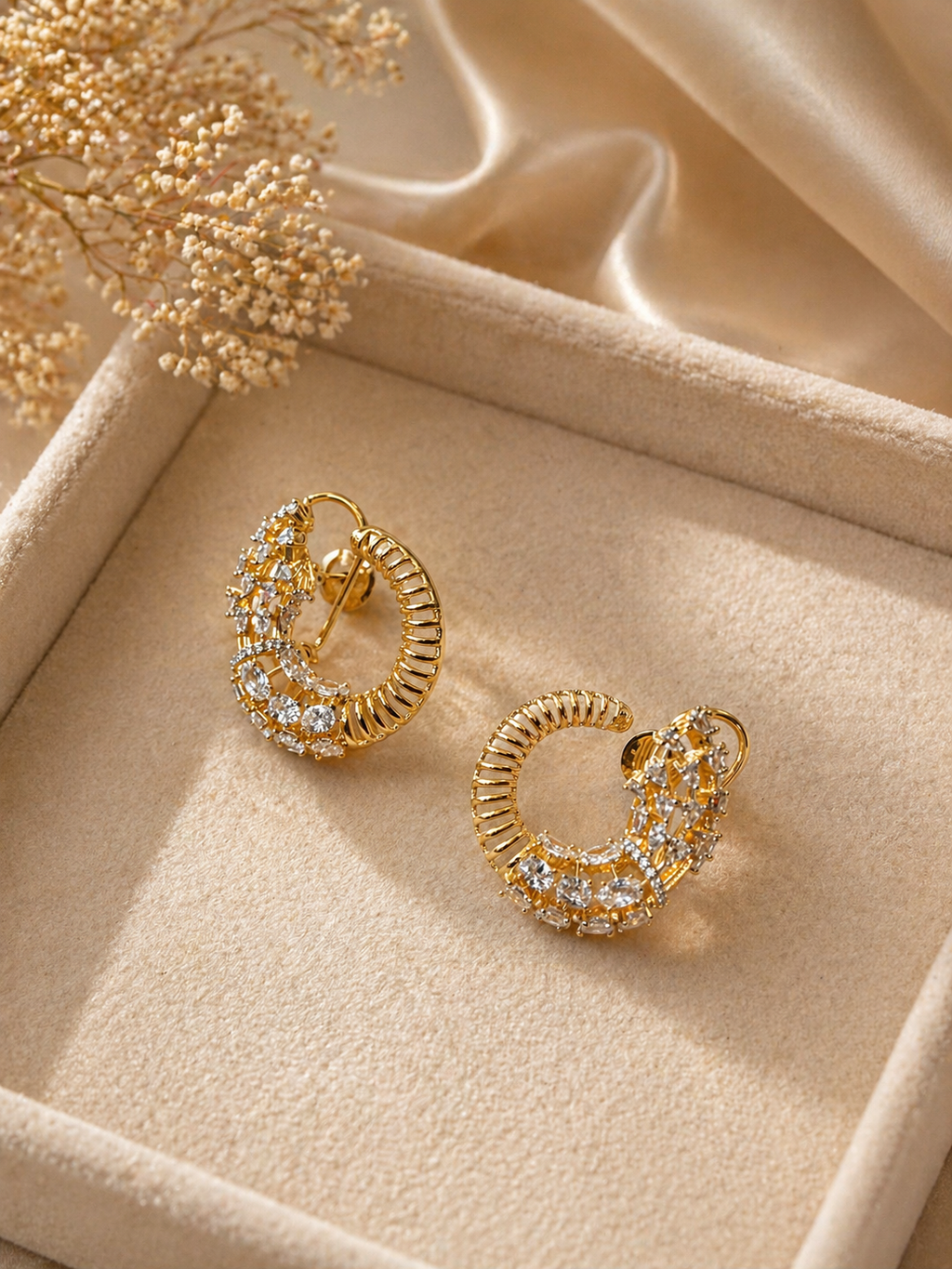 Gold Plated American Diamond Choker Necklace Set with Statement Hoop Earrings