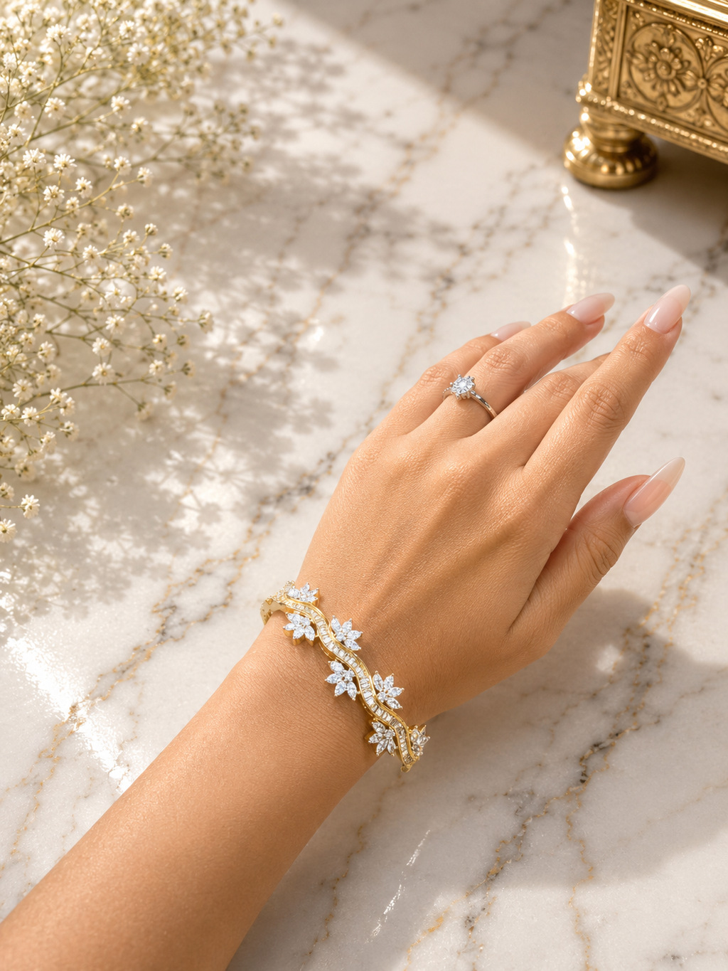 Diamond Look Floral Gold Finish Bracelet | Premium Anti Tarnish Bracelet for Women