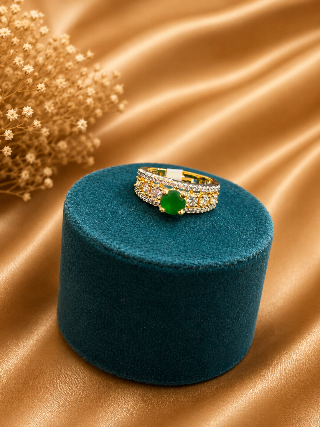 Emerald Clover Ring | American Diamond Designer Statement Ring for Women