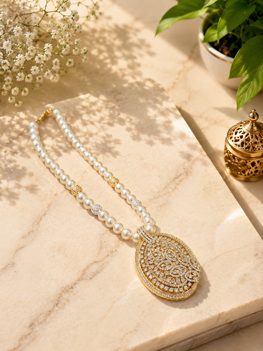 Pearl Diamond Pendant Necklace Set | Premium Anti Tarnish Pearl Jewellery for Women