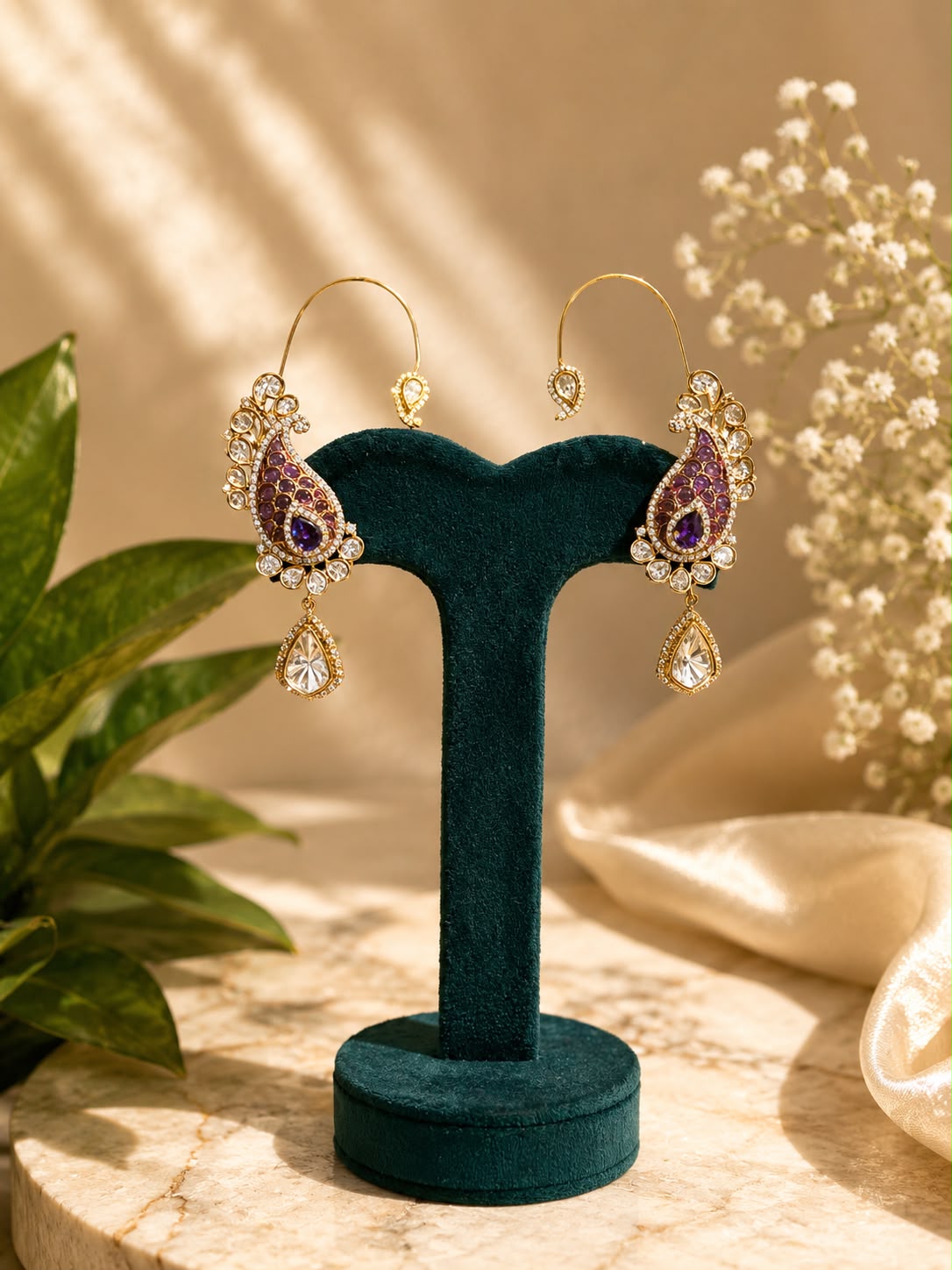 Purple Paisley Ear Cuff Earrings | Statement Crystal Drop Earrings | Anti Tarnish