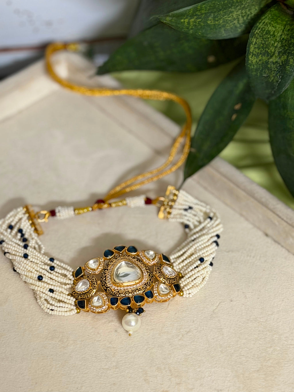 Blue Kundan Pearl Choker Set | Multi Strand Pearl Choker Necklace | Anti Tarnish
