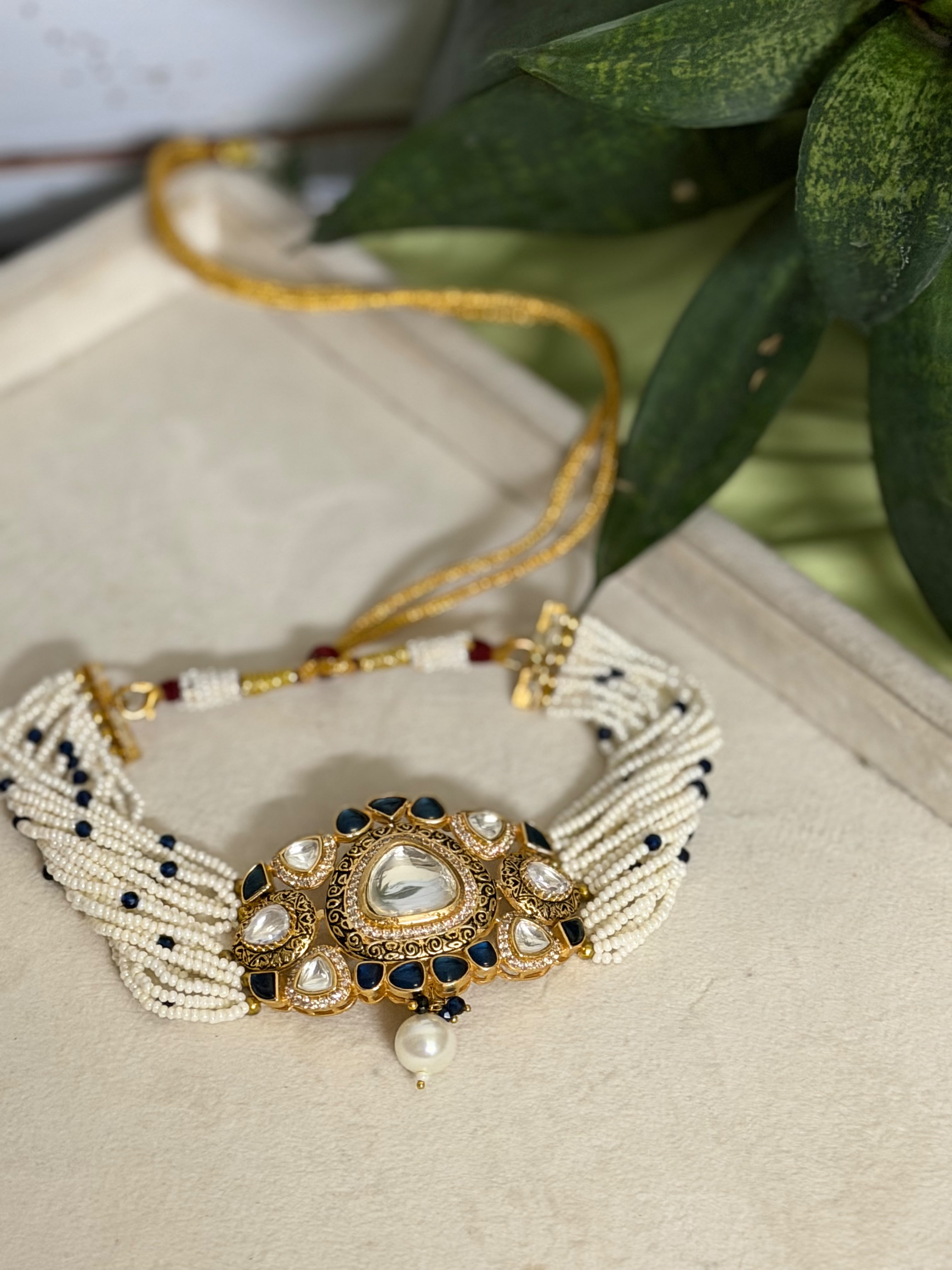 Blue Kundan Pearl Choker Set | Multi Strand Pearl Choker Necklace | Anti Tarnish