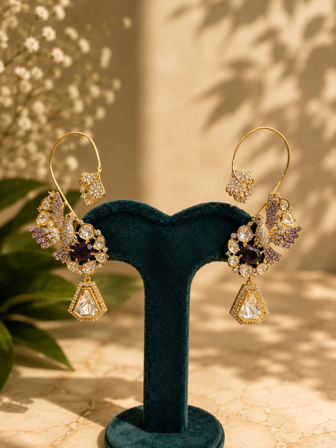 Royal Peacock Ear Cuff Earrings | Purple Crystal Statement Earrings | Anti Tarnish