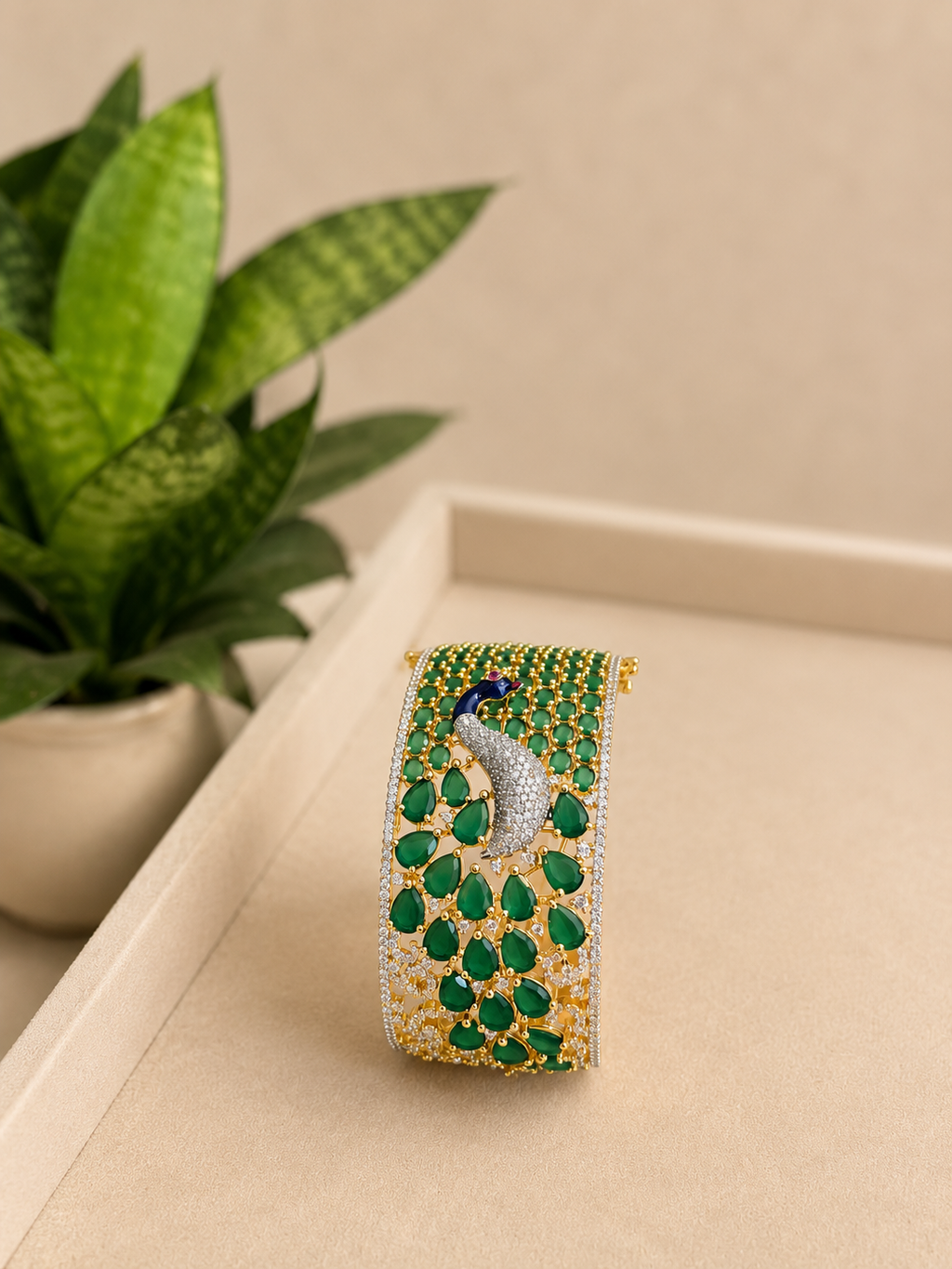 Mayura Emerald Statement Kada Bracelet | Peacock Design Green Stone Luxury Cuff