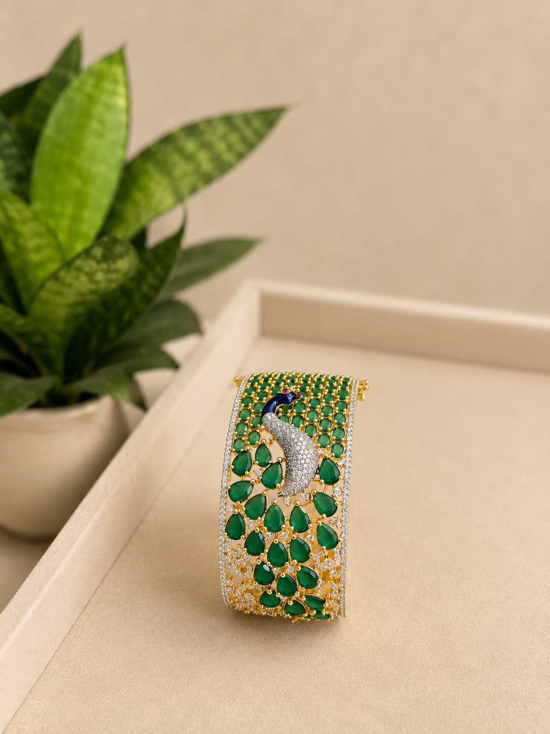 Mayura Emerald Statement Kada Bracelet | Peacock Design Green Stone Luxury Cuff