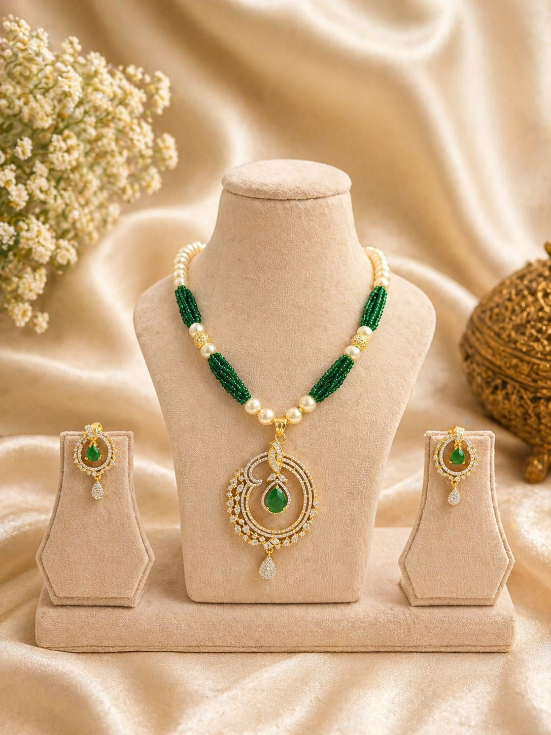 Green Stone and Pearl Gold Plated Pendant Necklace Set with Matching Earrings