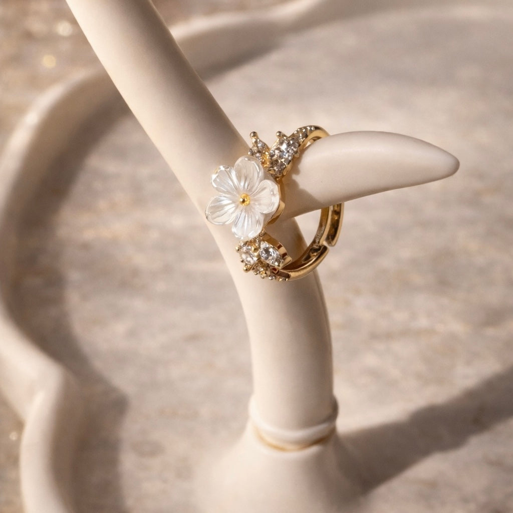 White Flower charm ring