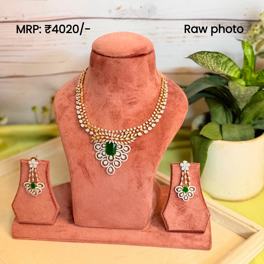 Emerald Green American Diamond Necklace Set with Earrings for Women | Wedding & Party Jewellery