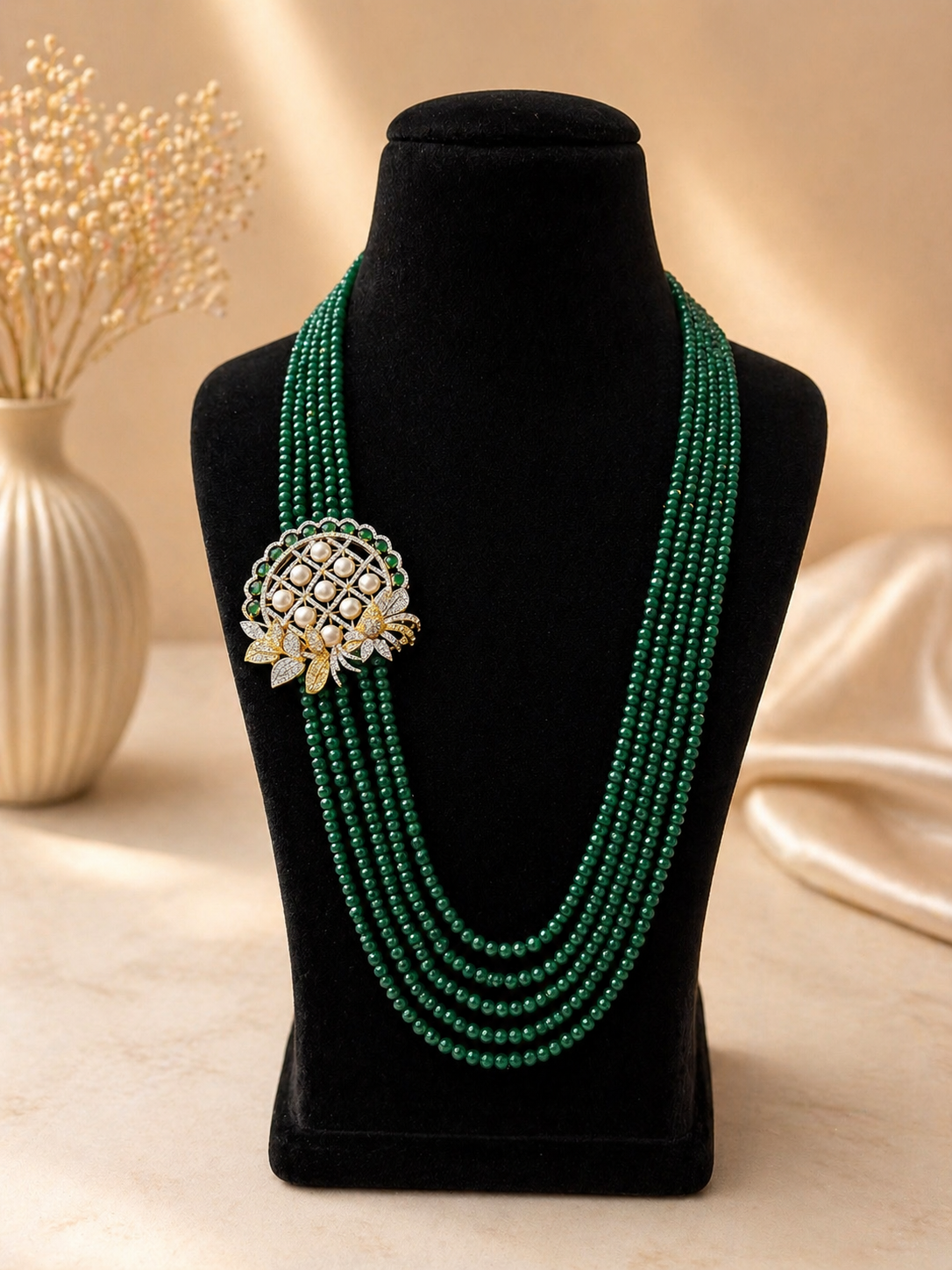 Multi Strand Green Beaded Necklace Set with Pearl and Kundan Detailing