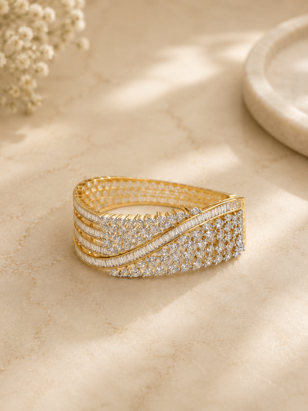 Celeste Diamond Look Broad Kada Bracelet | Luxury Crystal Statement Cuff