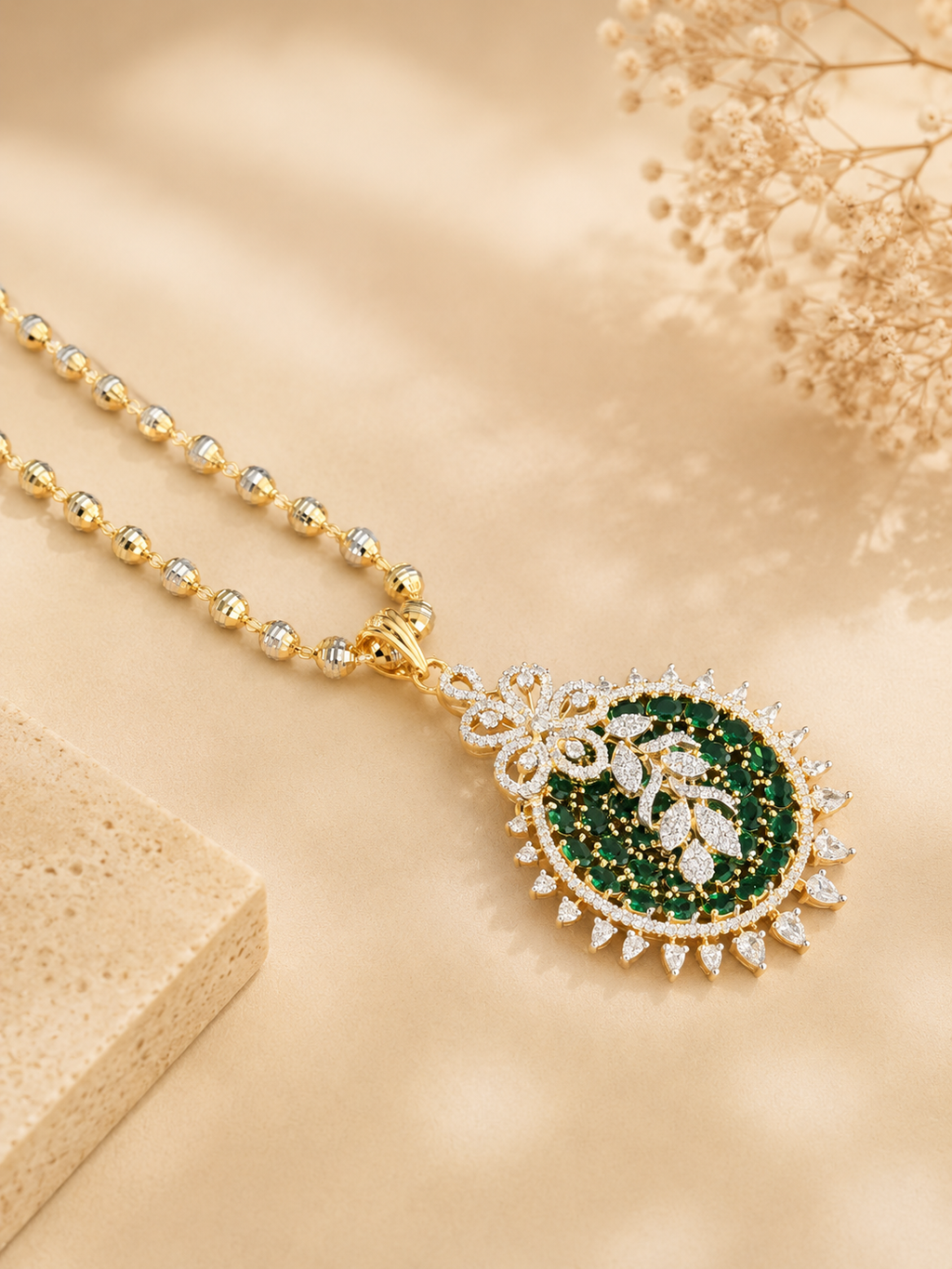 Green Stone Floral Pendant Necklace Set for Women | Elegant Party Wear Jewellery