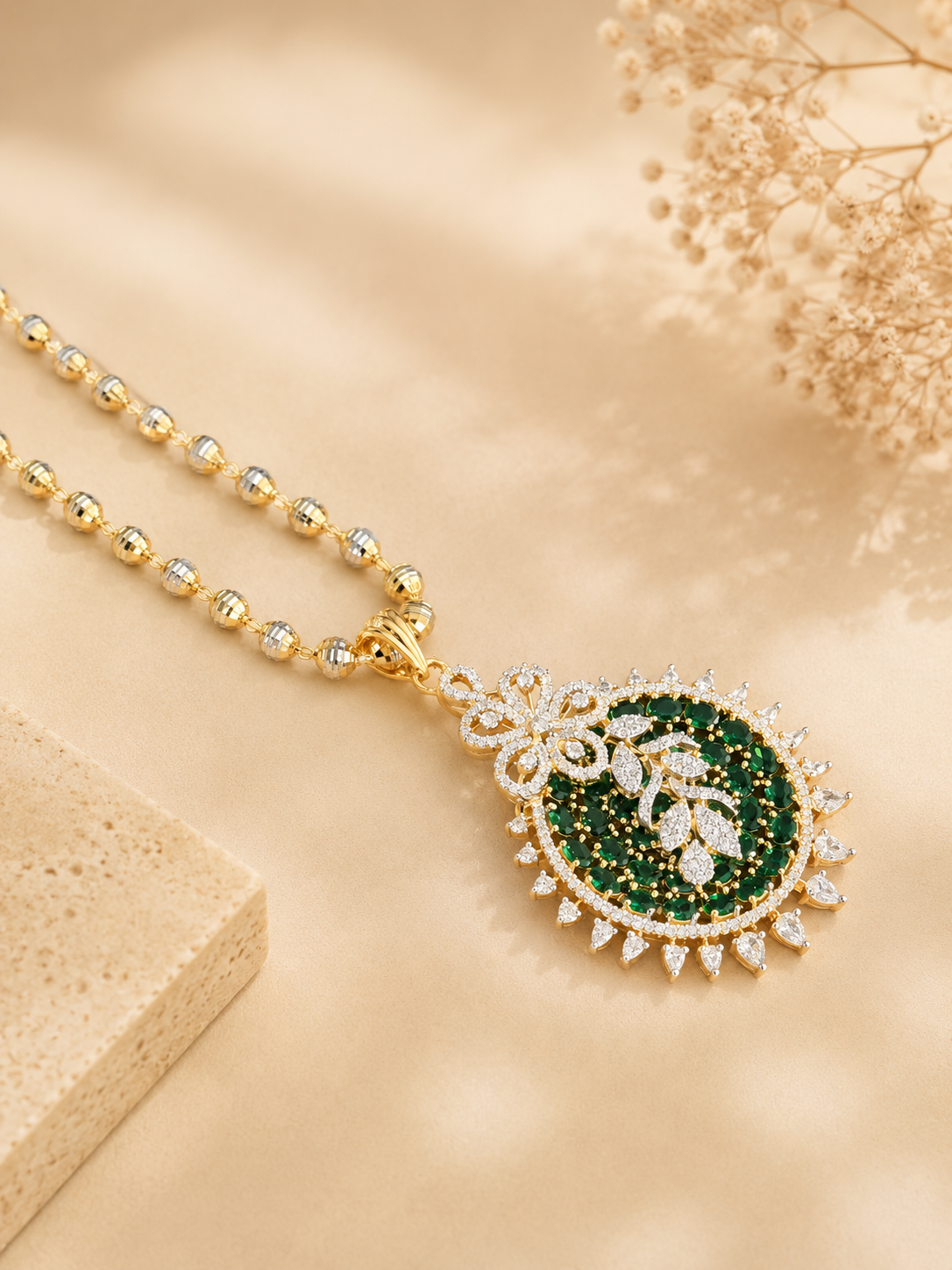Green Stone Floral Pendant Necklace Set for Women | Elegant Party Wear Jewellery