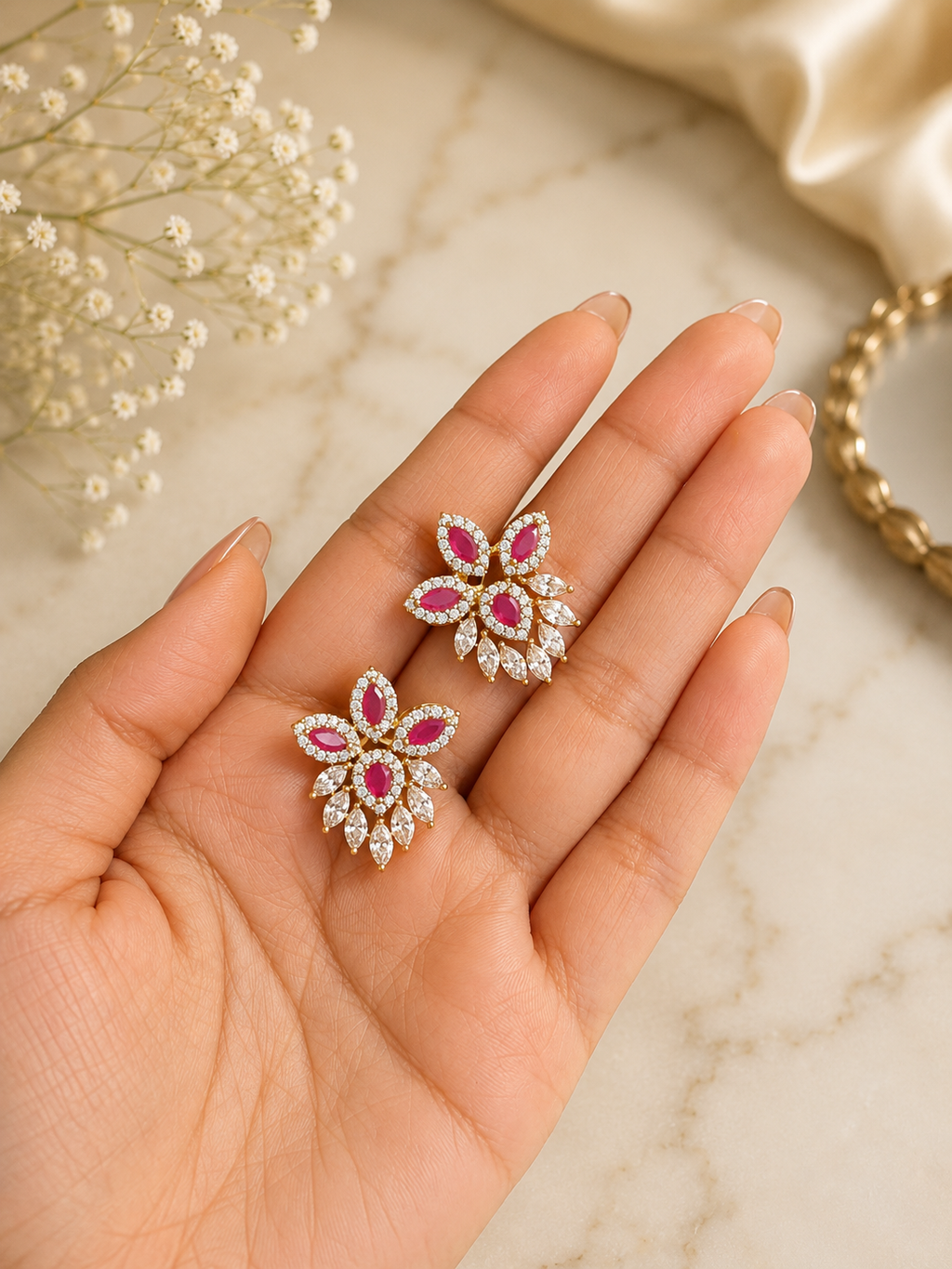 Ruby Floral Diamond Look Necklace Set | Elegant Red Stone Jewellery
