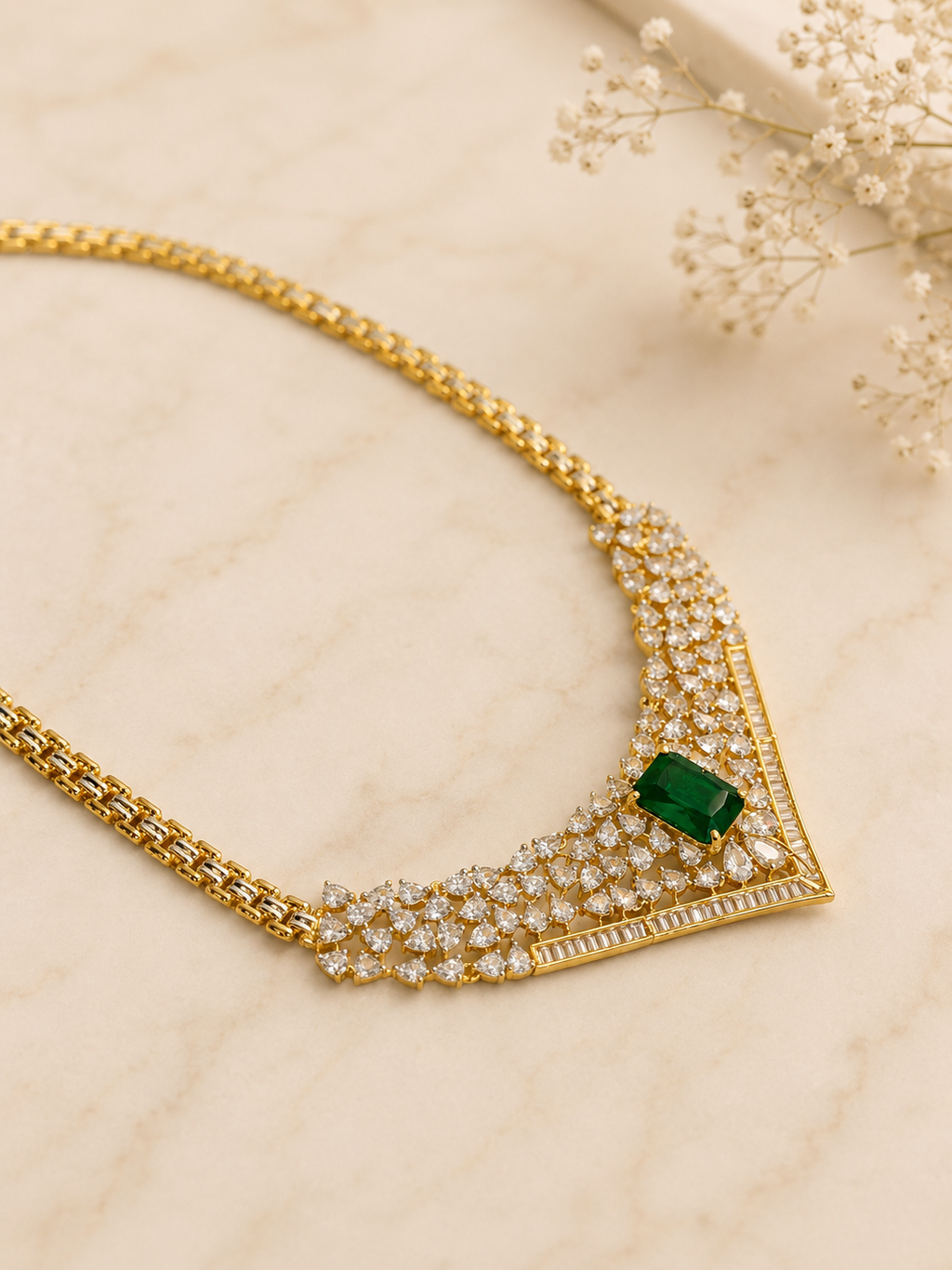 Emerald Diamond Look Necklace Set | Premium Green Stone Jewellery