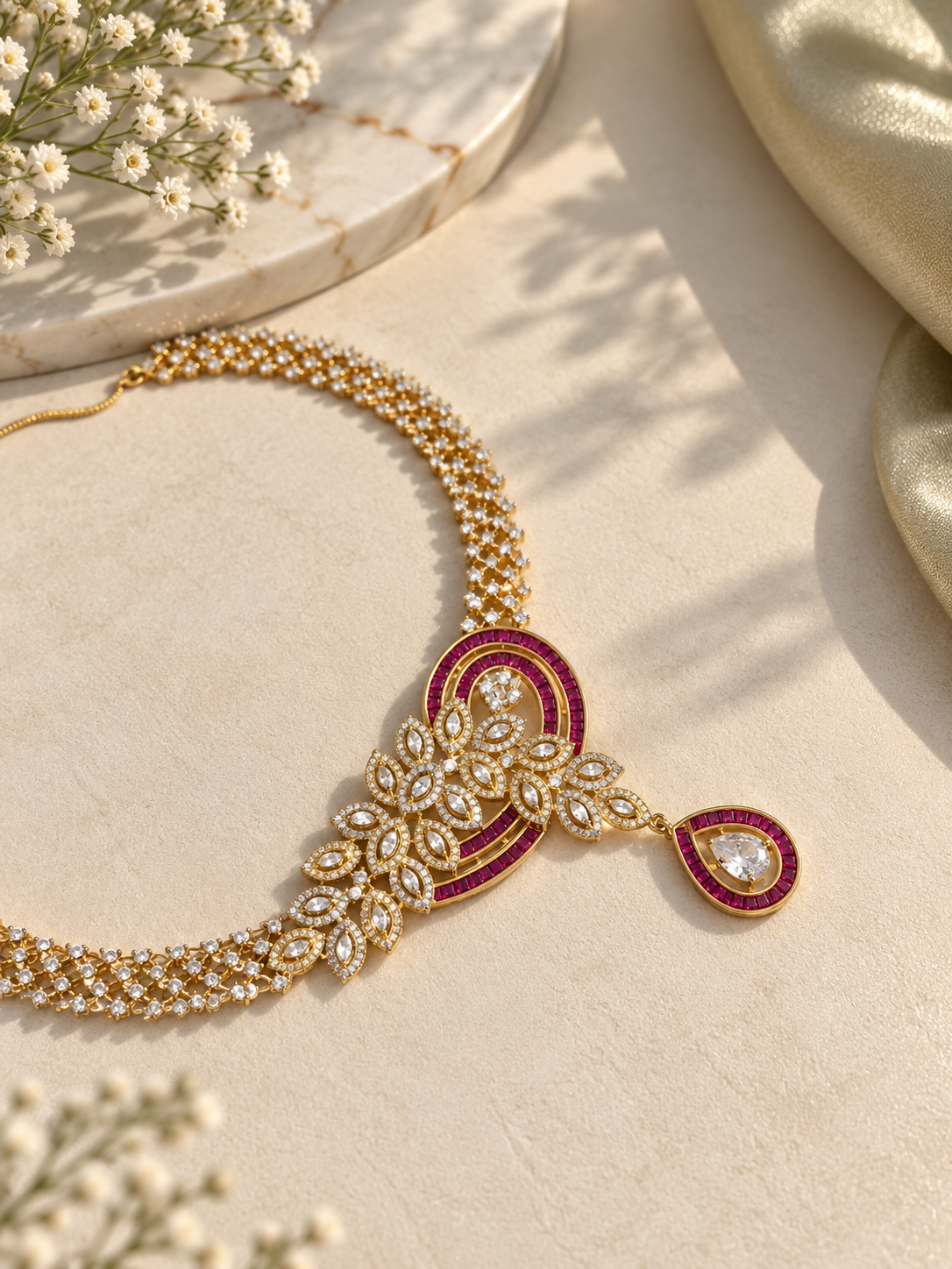 Gold Pink Stone Floral Necklace Set