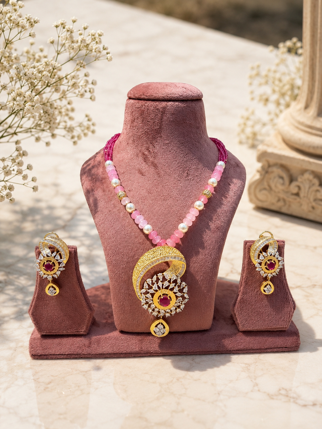 Pink Beaded Diamond Pendant Necklace Set | Pearl & Ruby Premium Anti Tarnish Jewellery