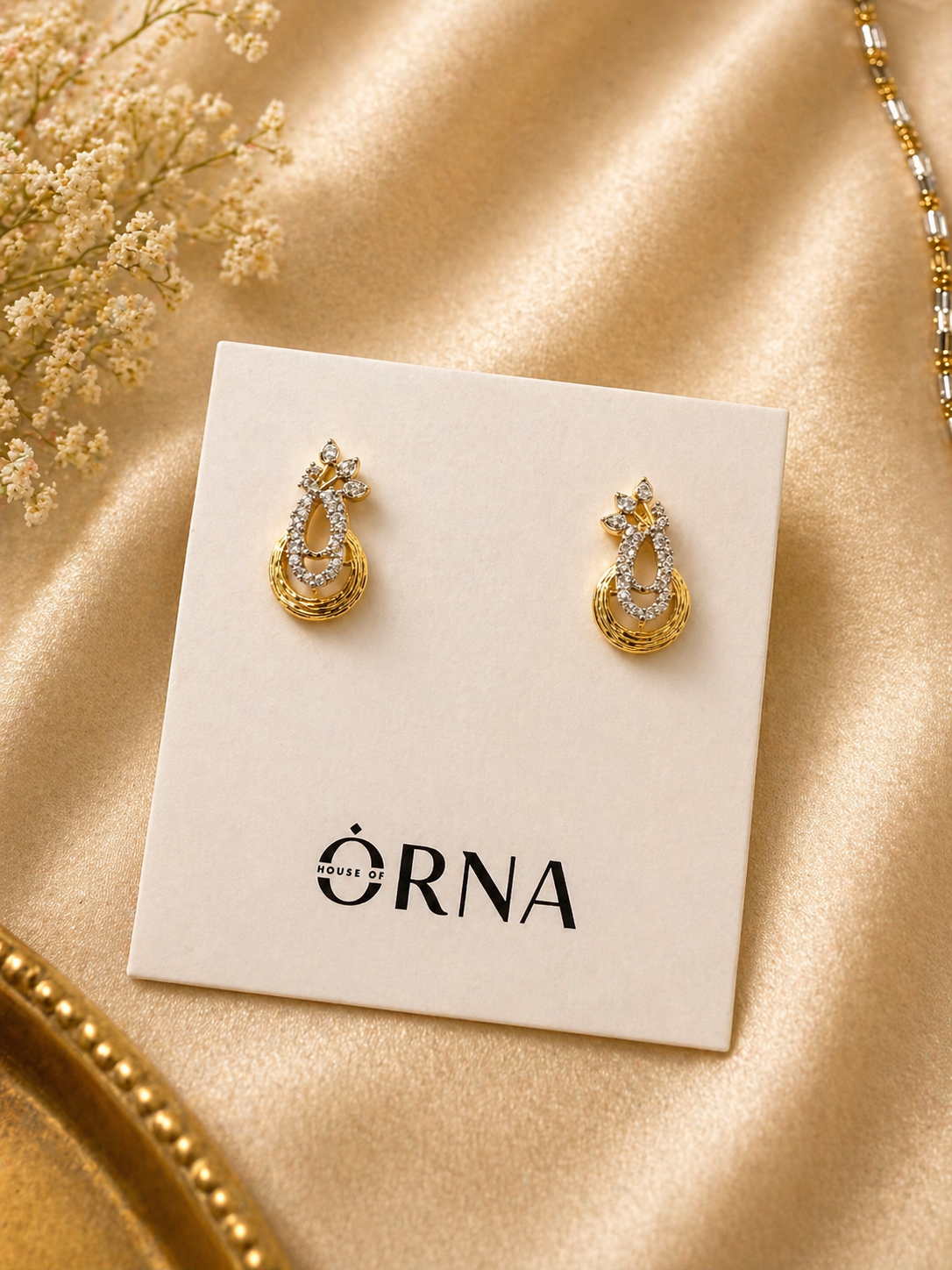 Gold Plated Oval Drop Pendant Necklace Set with Stone Detailing and Stud Earrings
