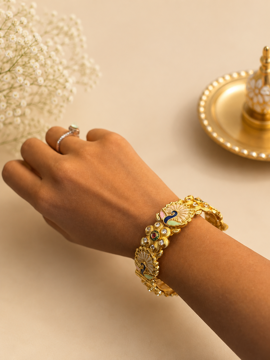 Peacock Kundan Kada Bracelet Set | Traditional Gold Finish Ethnic Bangles for Women