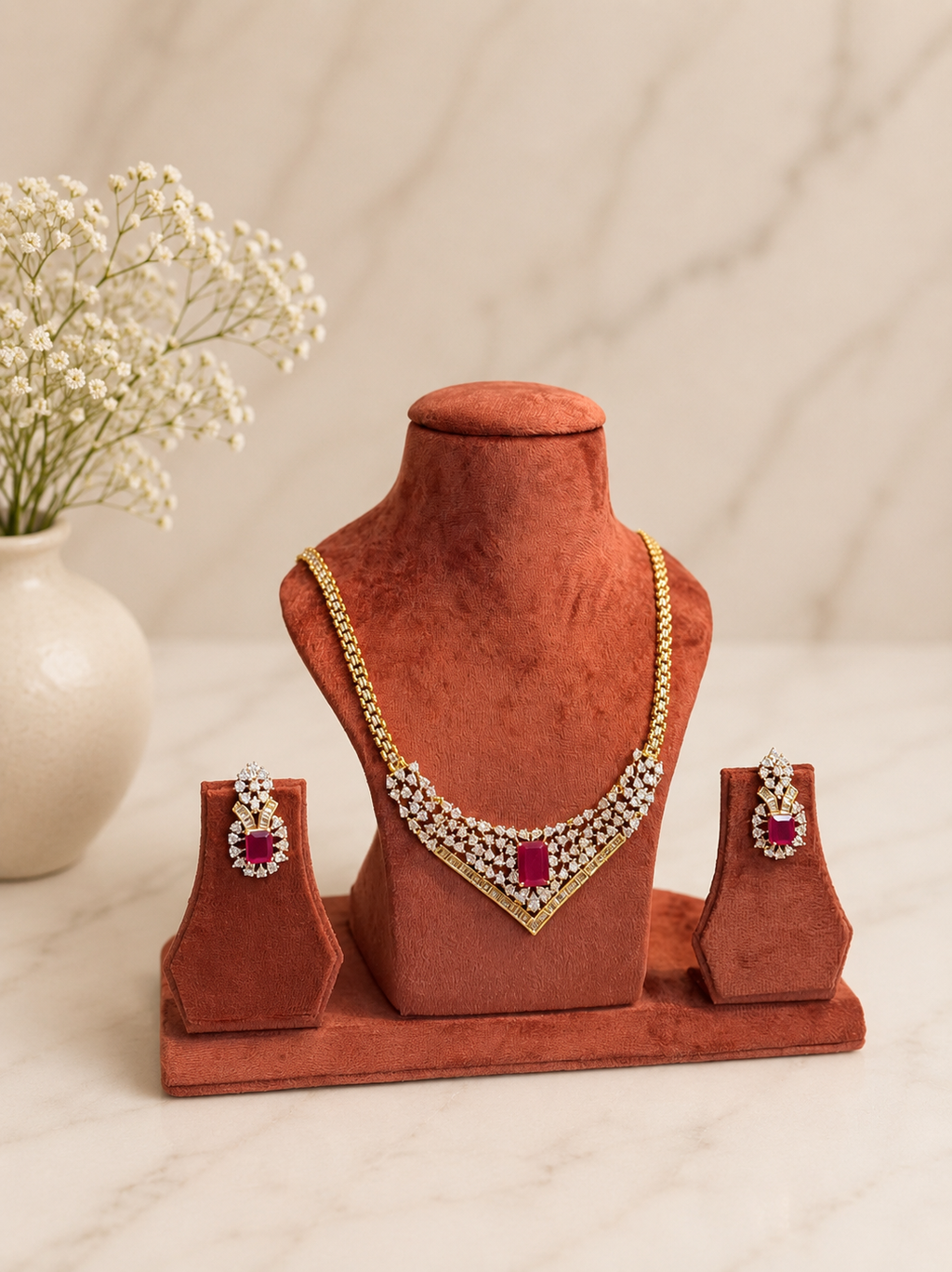 Ruby Diamond Look Necklace Set | Elegant Party Wear Jewellery