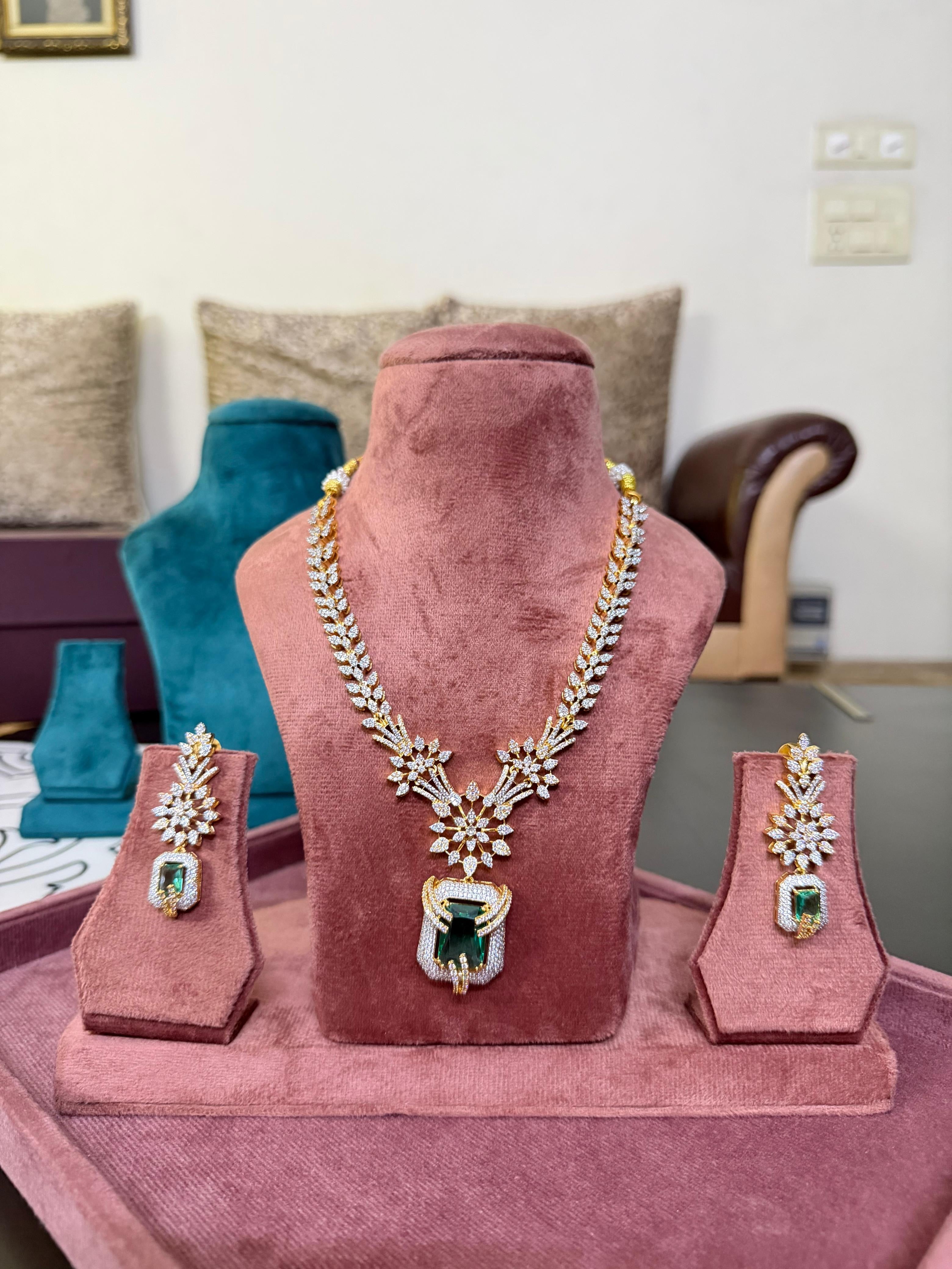Emerald Drop Diamond Floral Necklace Set