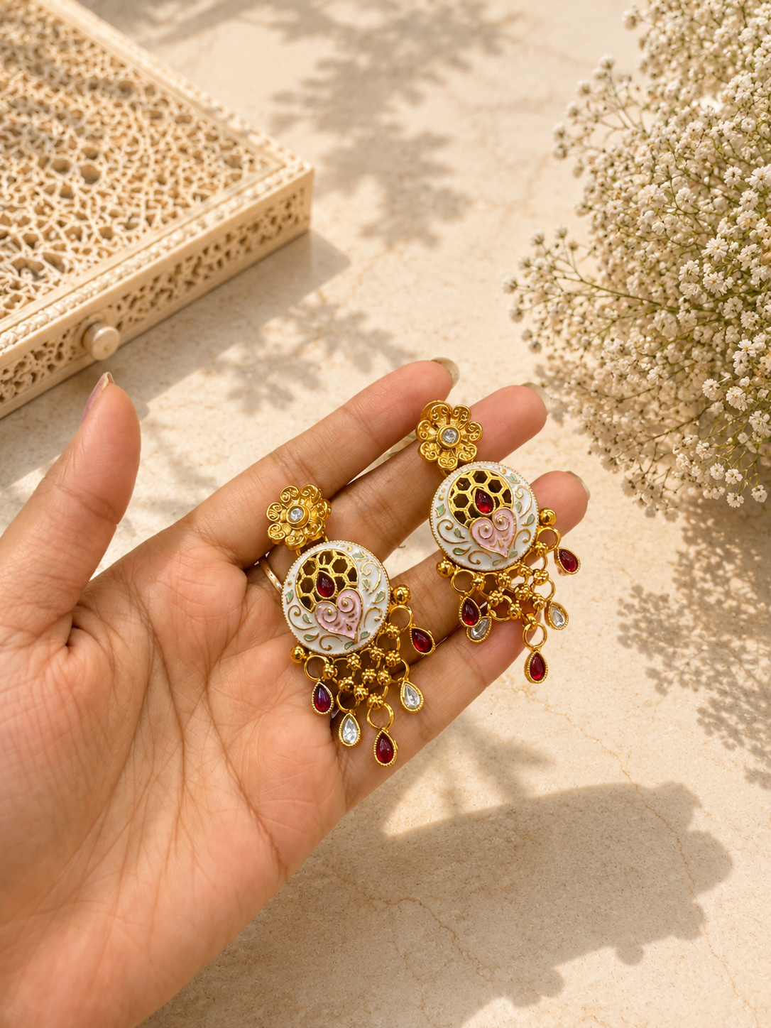 Antique Temple Enamel Pendant Necklace Set | White & Magenta Beaded Temple Jewellery | Anti Tarnish