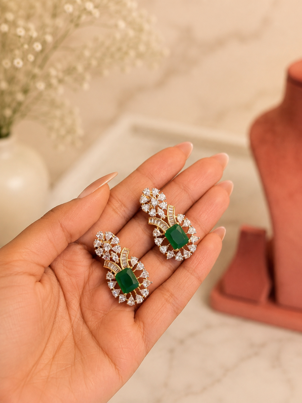 Emerald Diamond Look Necklace Set | Premium Green Stone Jewellery
