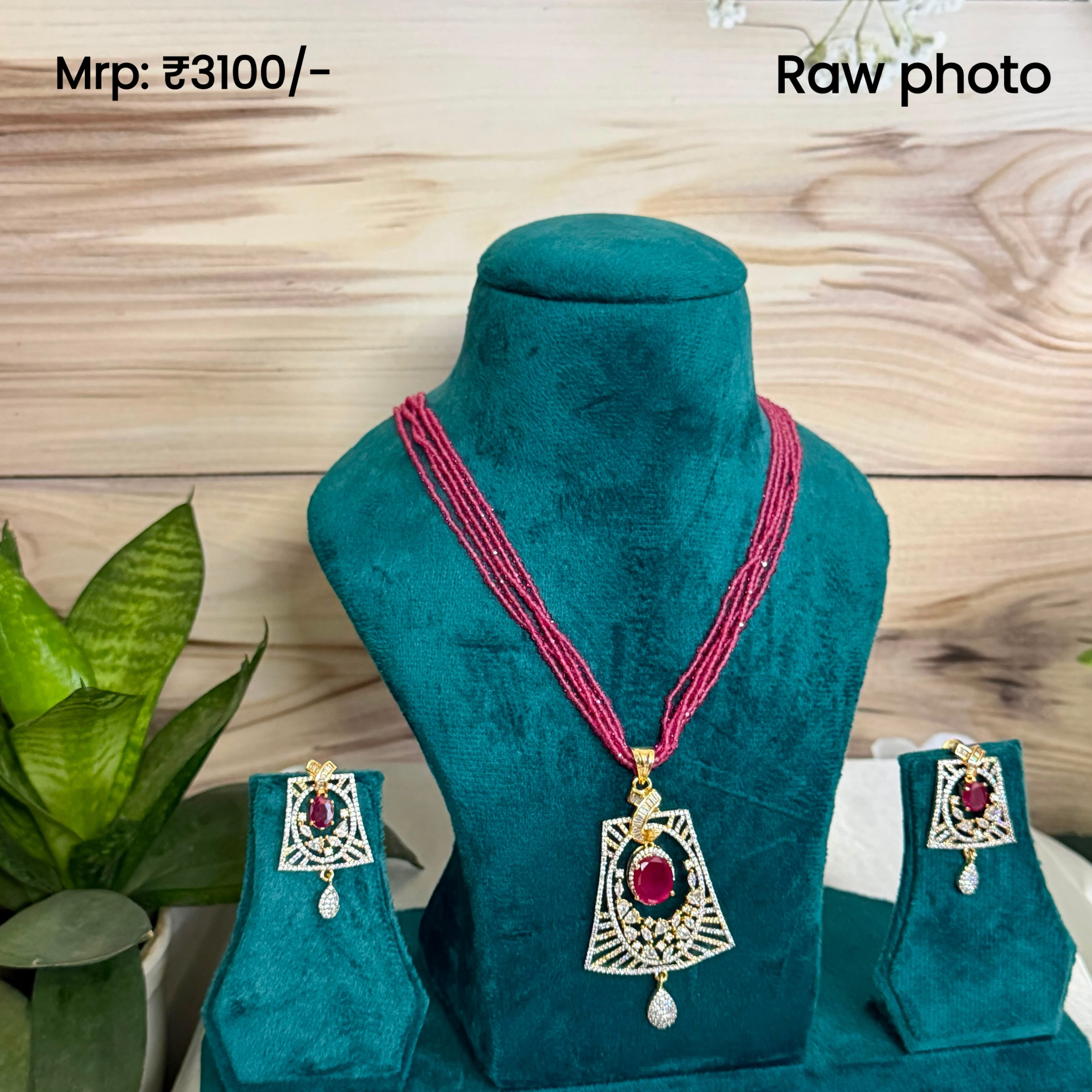 Ruby Royale Beaded Pendant Set | Pink Stone Diamond Look Necklace Set