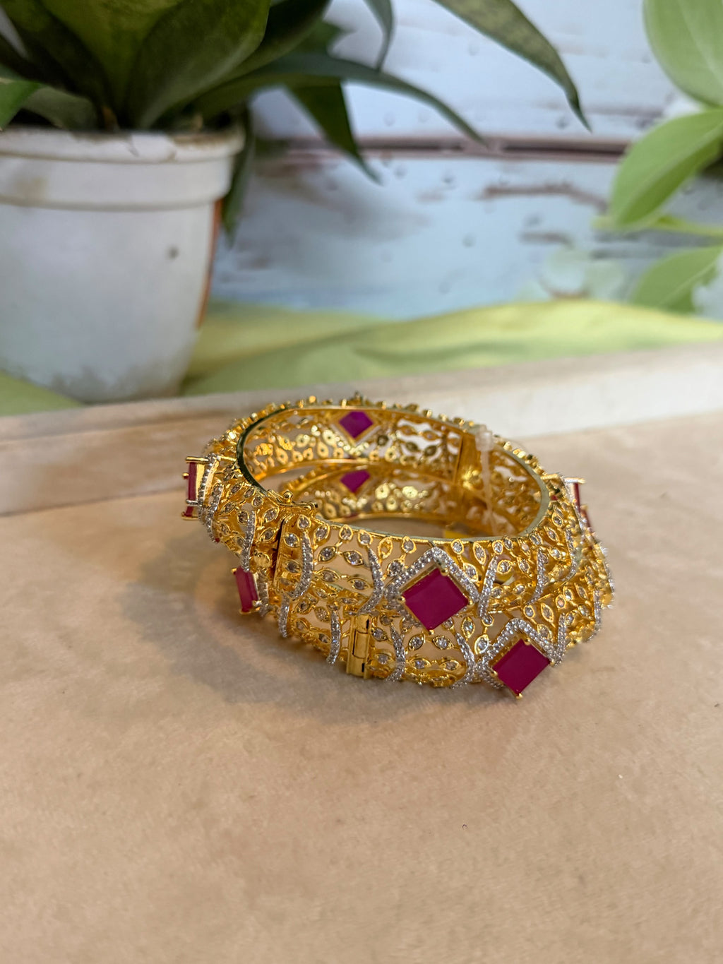 Diamond Look Ruby Gold Bangle Set