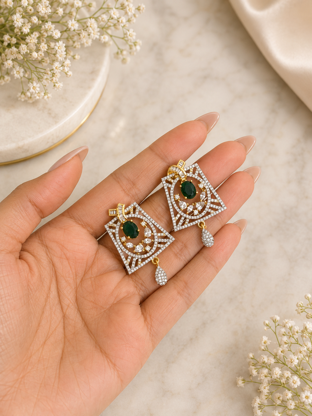Emerald Royale Beaded Pendant Set | Green Stone Diamond Look Necklace Set