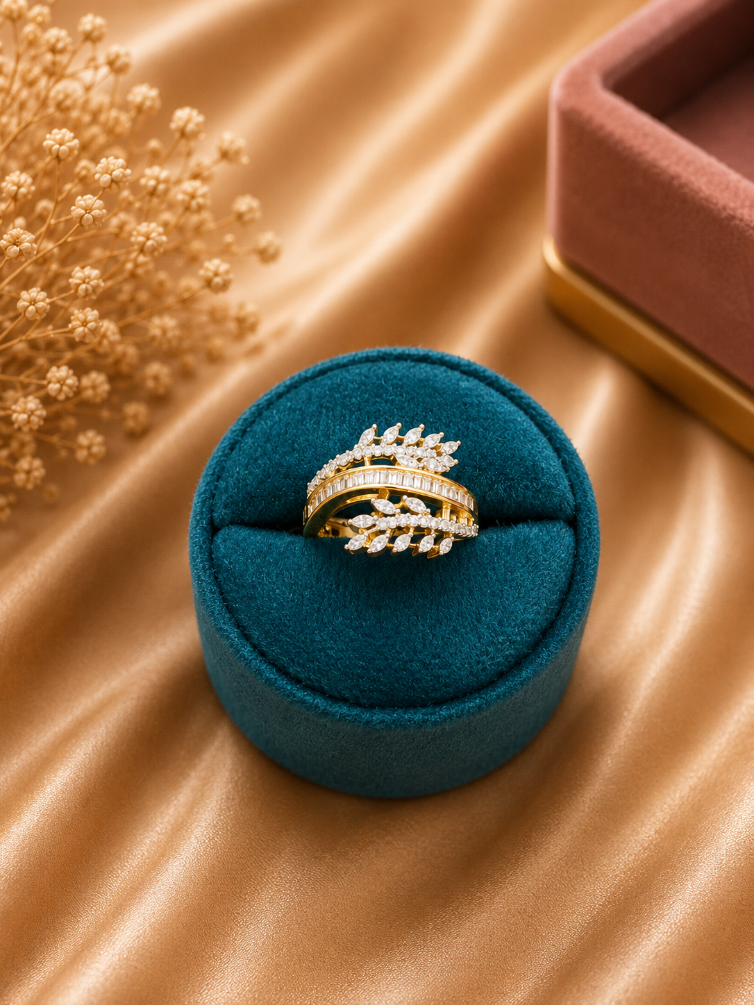 Diamond Leaf Wrap Ring | American Diamond Adjustable Designer Statement Ring for Women