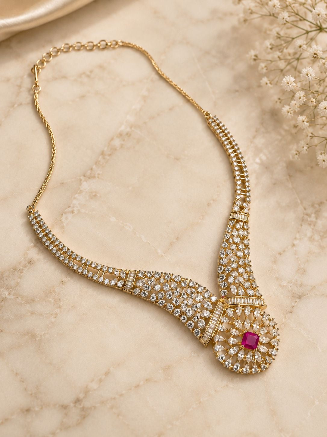 Pink Stone V-Shaped Diamond Necklace Set