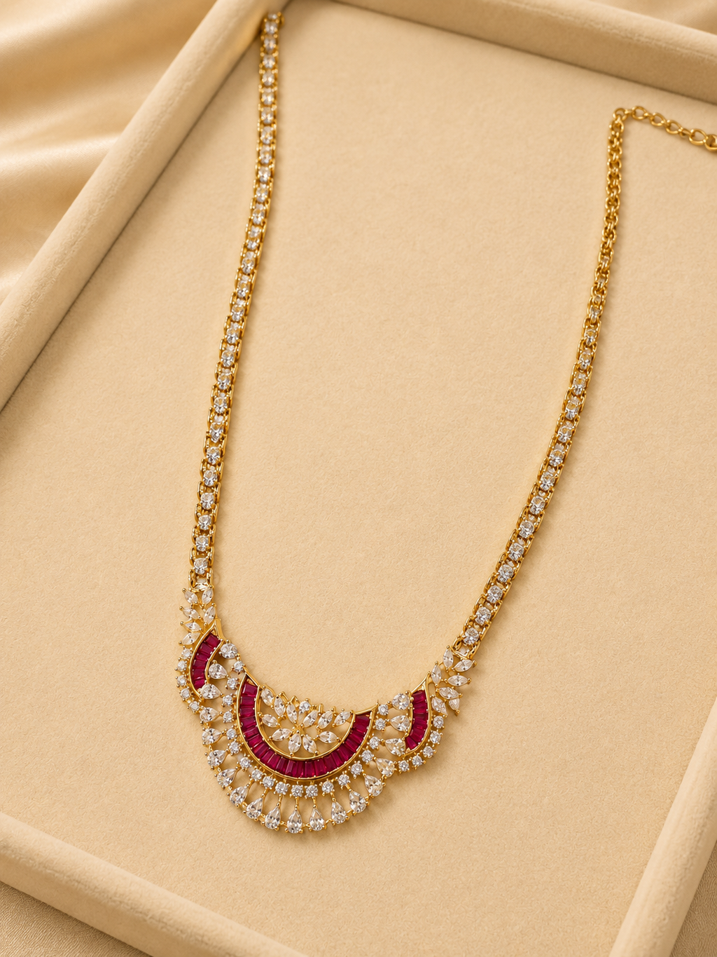 Ruby Crescent Statement Necklace Set with Earrings