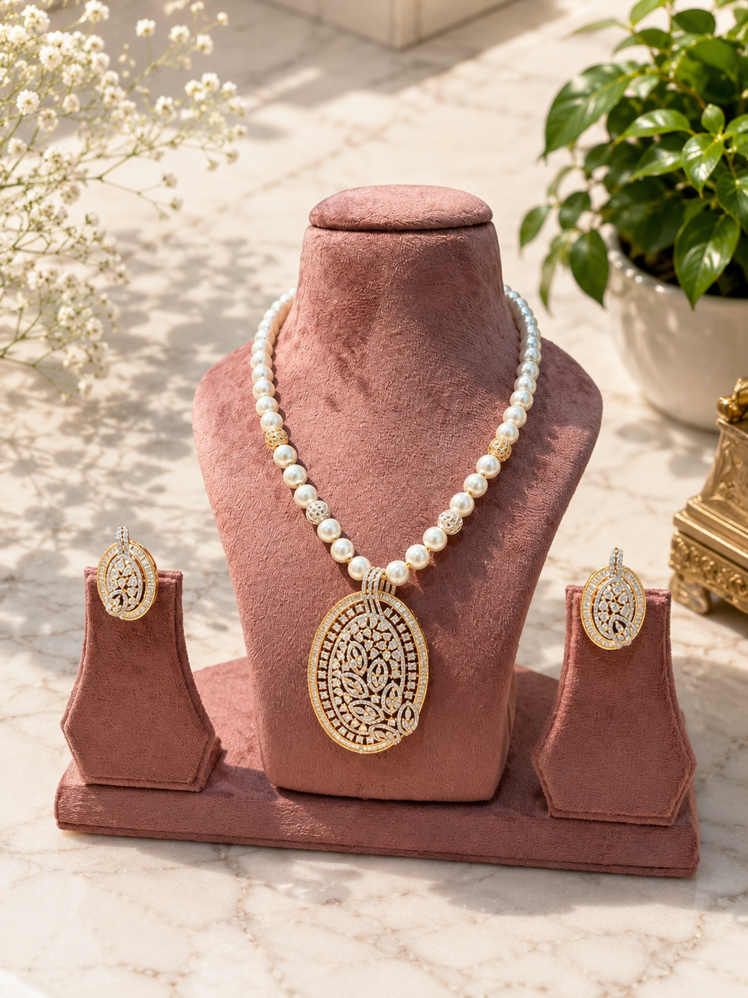 Pearl Diamond Pendant Necklace Set | Premium Anti Tarnish Pearl Jewellery for Women