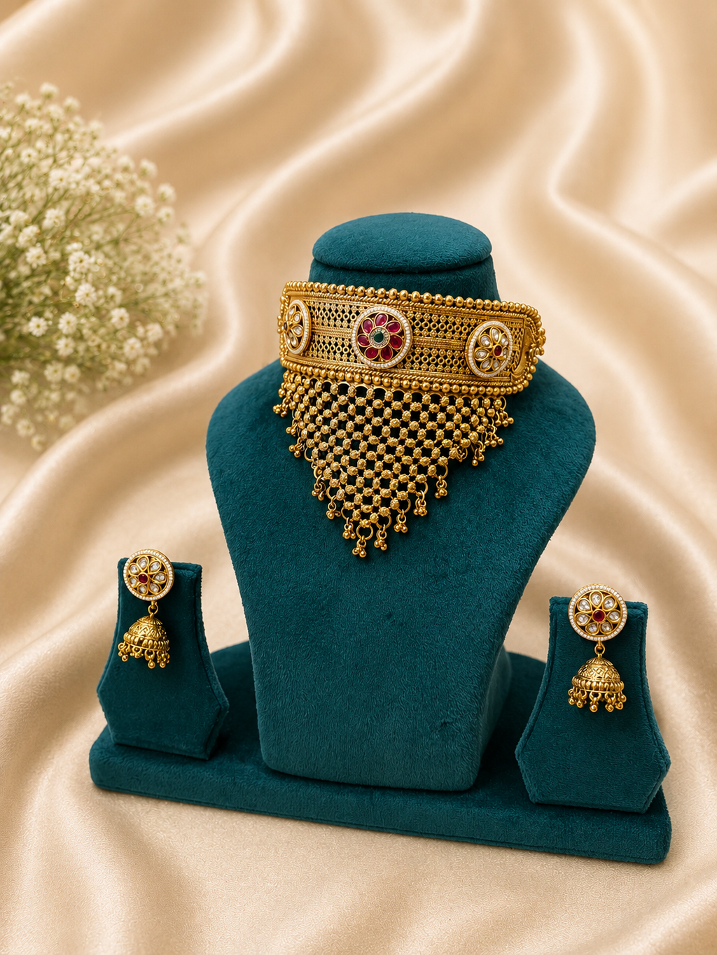 Traditional Gold Tone Choker Set with Jhumka Earrings