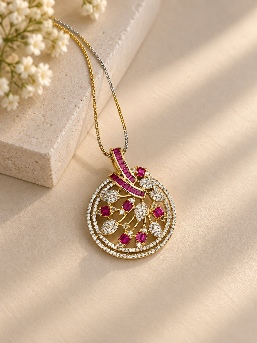 Pink Stone Gold Look Pendant Necklace Set