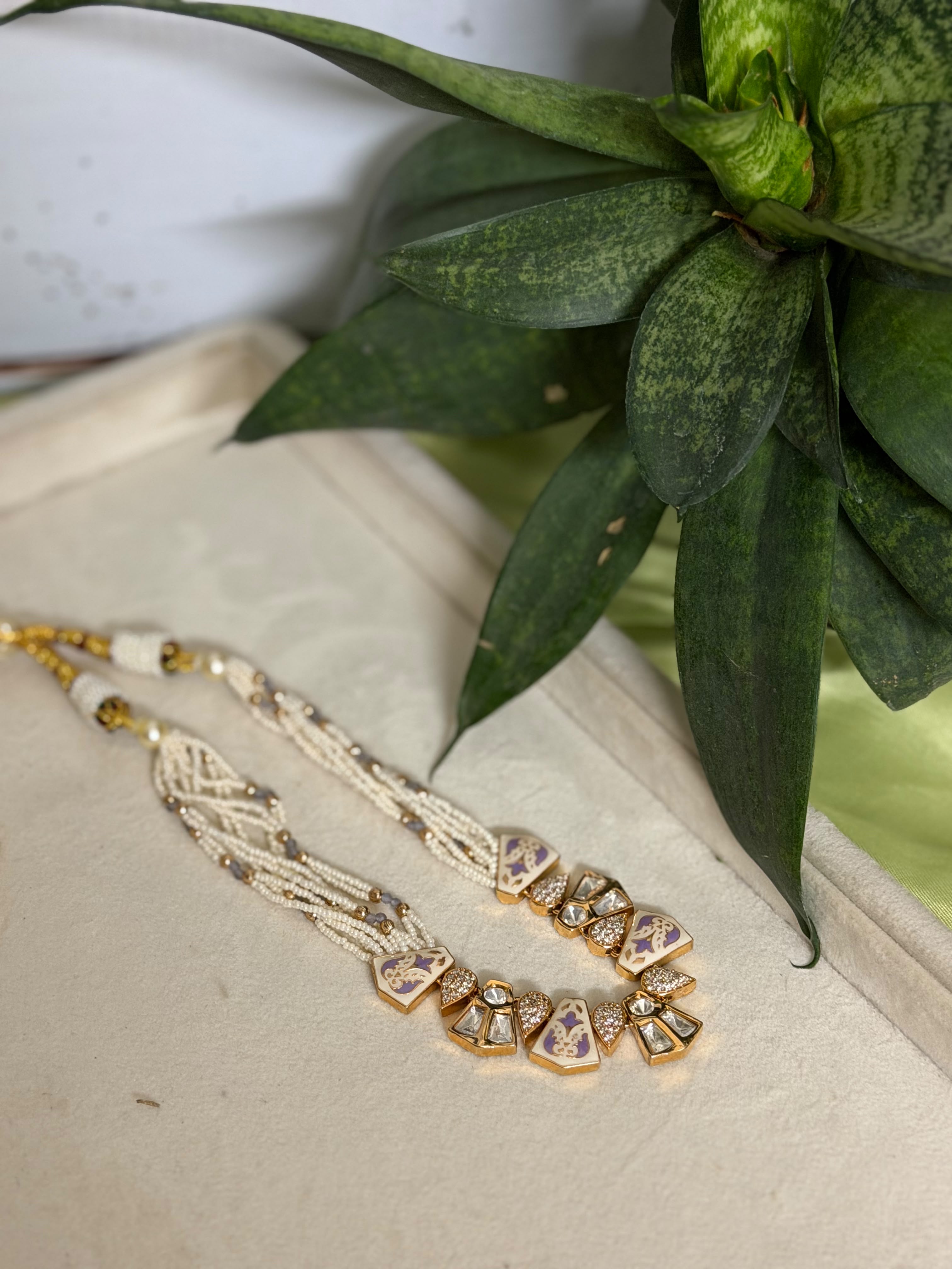 Pastel Kundan Pearl Necklace Set | Lavender Enamel Statement Jewellery | Anti Tarnish