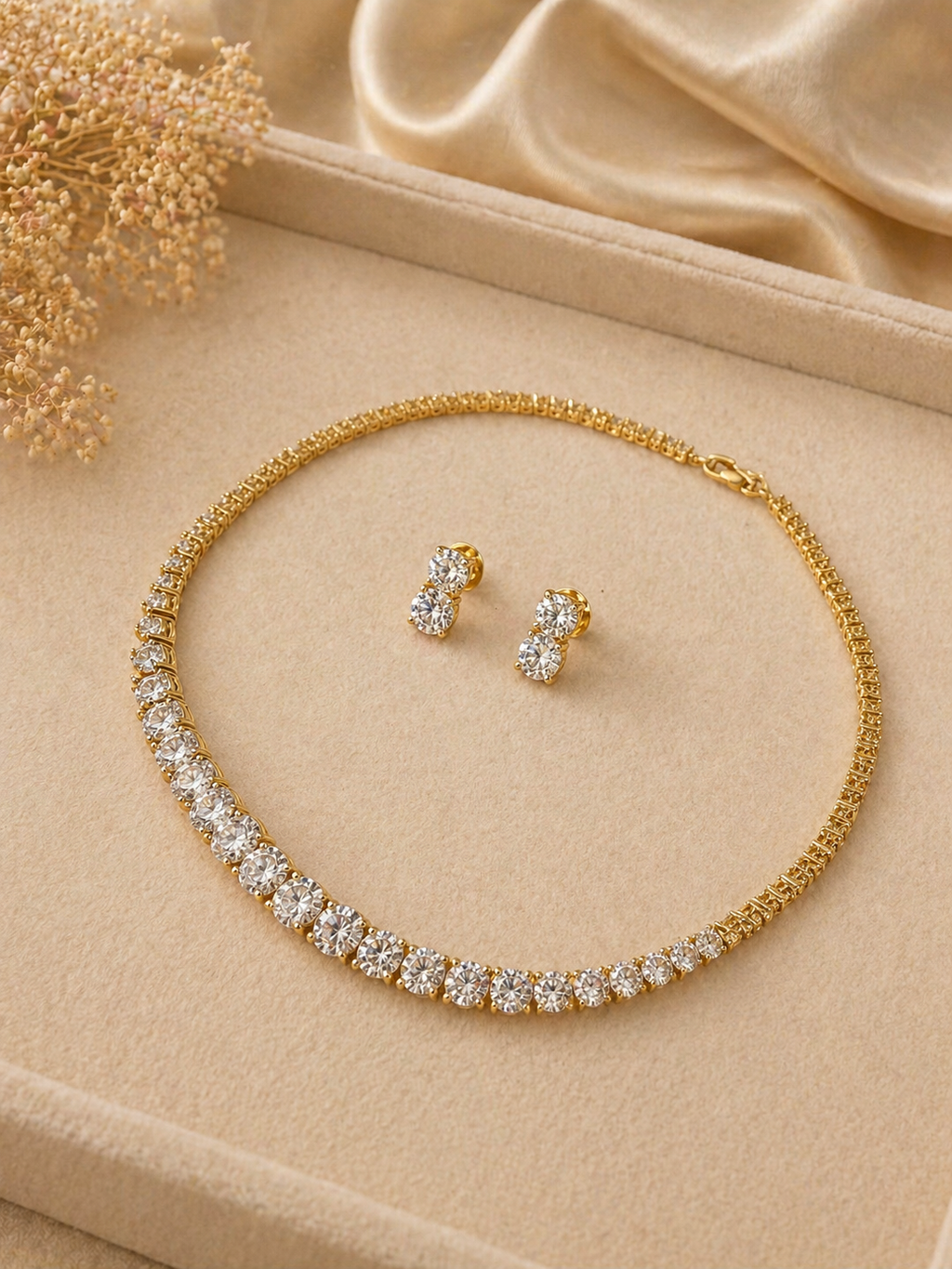 Gold Plated American Diamond Tennis Necklace Set with Stud Earrings