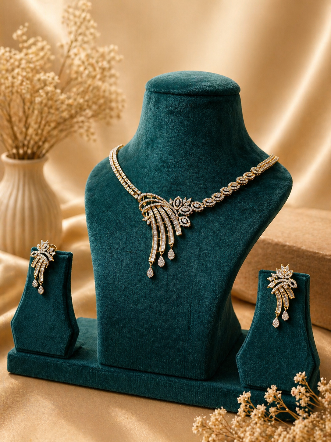 Gold Plated American Diamond Designer Necklace Set with Cascading Drop Pendant
