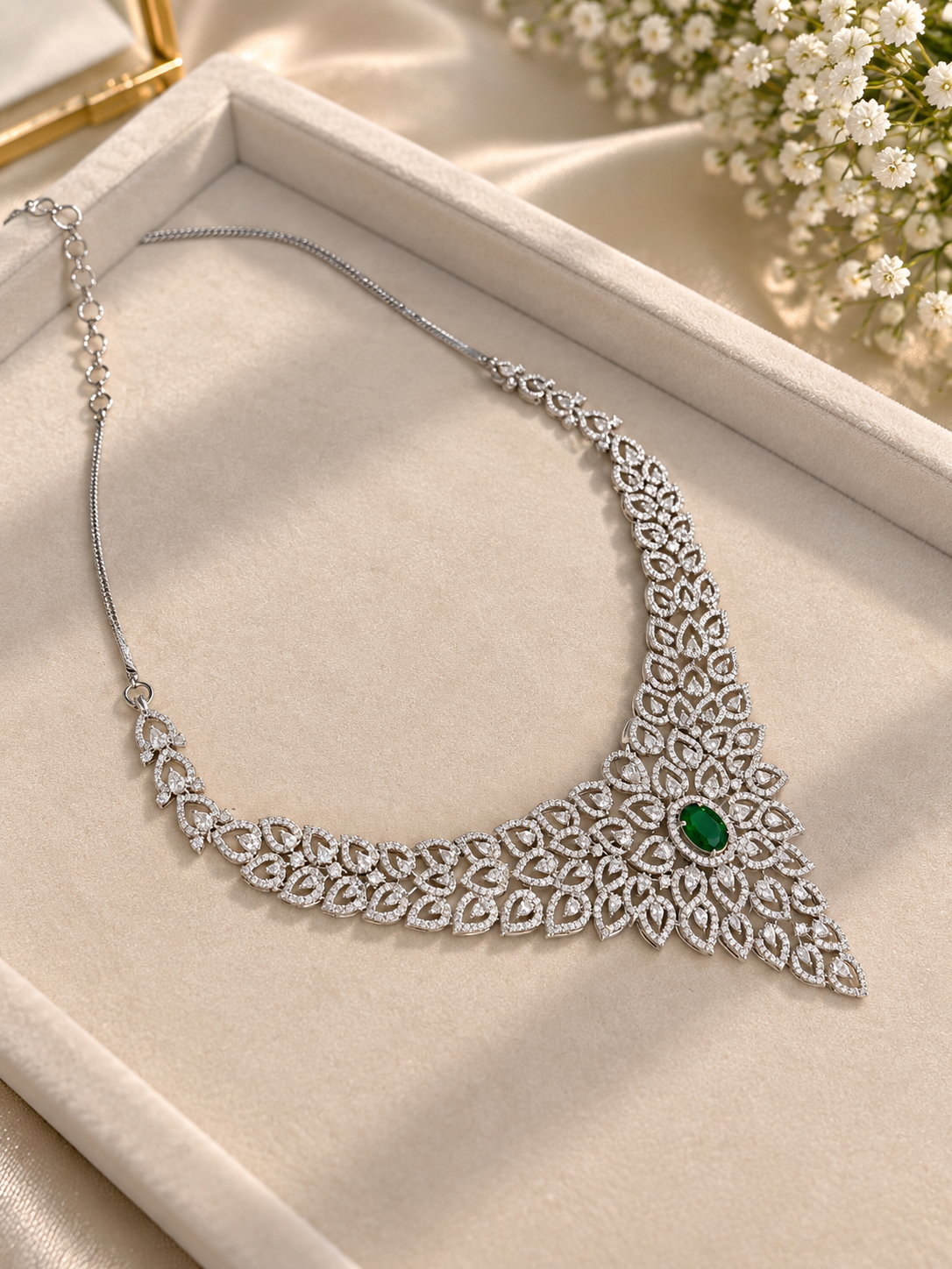 Green Diamond Look Necklace Set with Matching Earrings