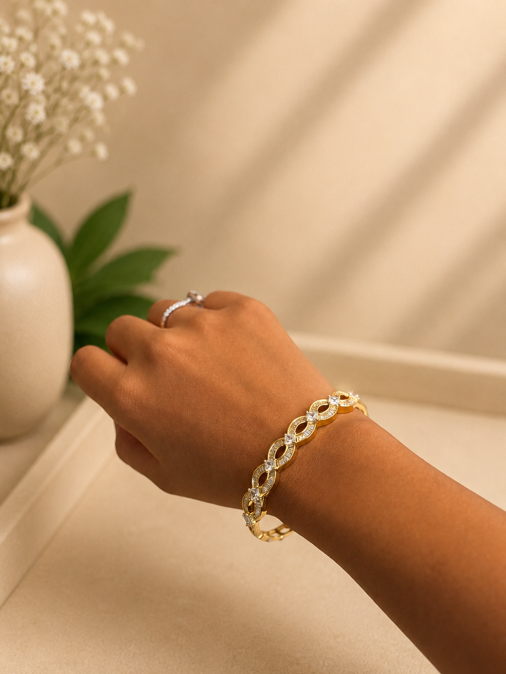 Infinity Spark Diamond Look Bracelet | Elegant Gold Finish Crystal Bangle