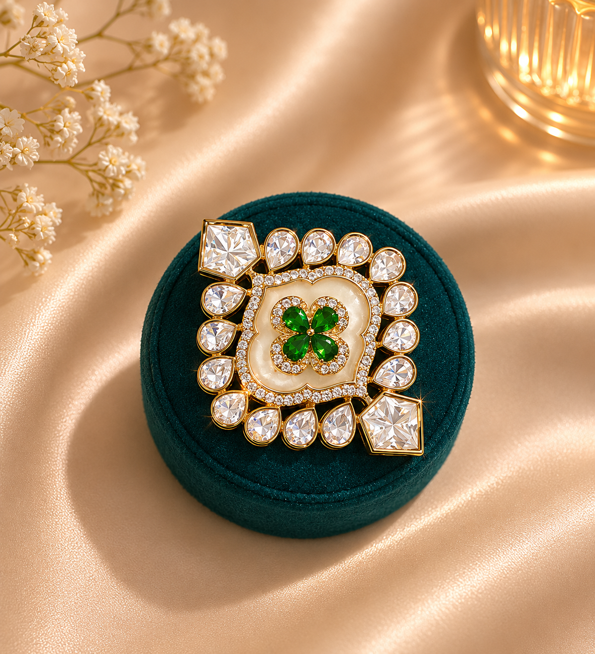 Green Clover Statement Ring with Zircon Detailing